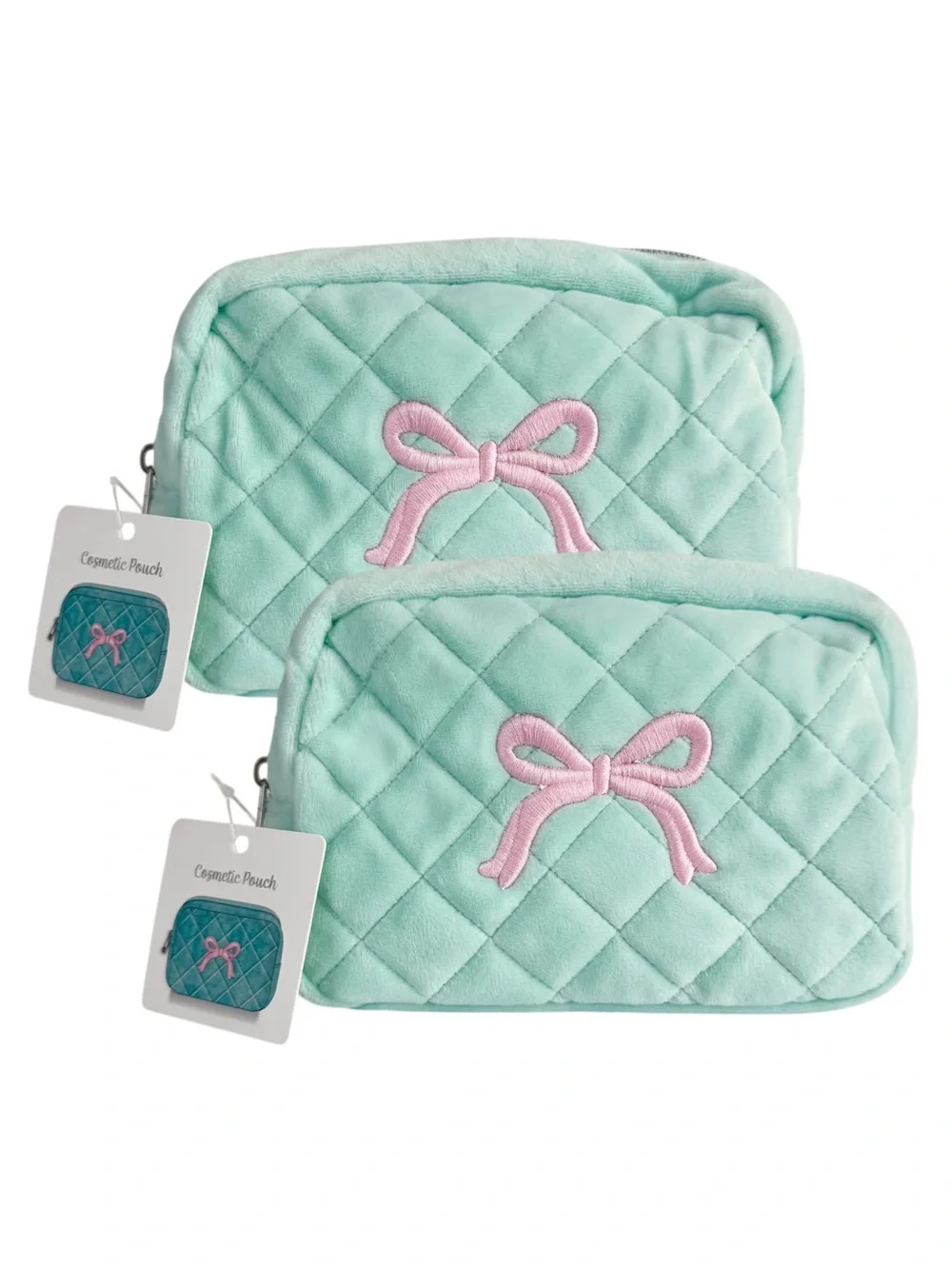 Bow Embroidered Velvet Makeup Bag Turquoise Pink Lot of Two NWT